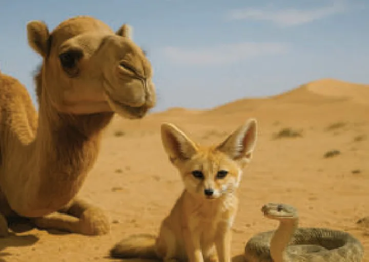 A photo on sand dunes under a blue sky: a camel lying down, a small sand-coloured fox with very big ears sitting, and a coiled snake raising its head.
